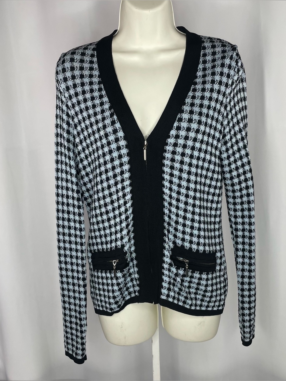 Grace Dane Lewis Houndstooth Zip Cardigan Jacket Black Blue M